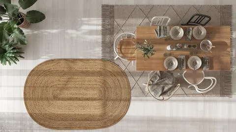 Wooden country dining table with table setting in white and beige tones. Jute Stock Illustration