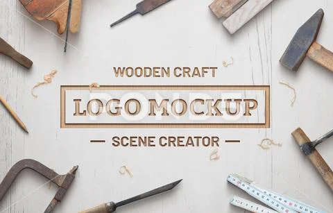 PSD Template: Wooden craft logo mockup scene creator. White wooden ...