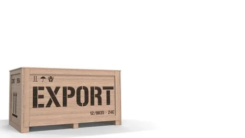 Wooden crate with printed EXPORT text on white background. 3D rendering Stock Illustration