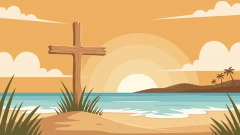 Wooden Cross on Beach at Sunset Easter Christian Illustration Background Stock Illustration