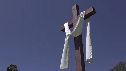 Wooden cross with Easter Sunday drape 4k Stock Footage