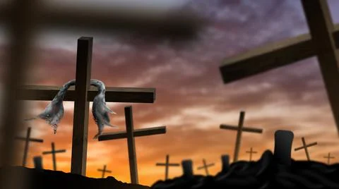 Wooden crosses on a background of dramatic sky Stock Illustration