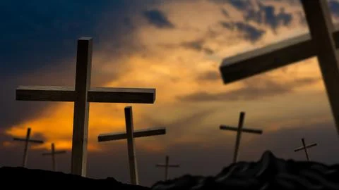 Wooden crosses on a background of dramatic sky Stock Illustration