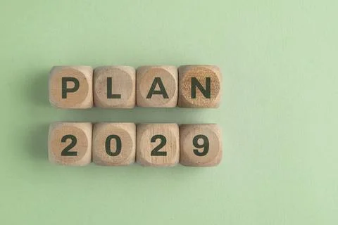 Wooden cube with 2029 PLAN text isolated on a paper background, representin.. Stock Photos