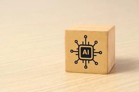 Wooden cube with artificial intelligence chip icon on minimal background re.. Stock Photos