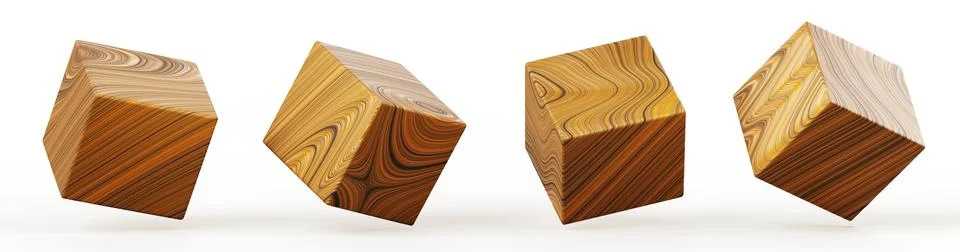 Wooden cube block in different angles 3d render icon set. Natural square boxes Illustrazione stock
