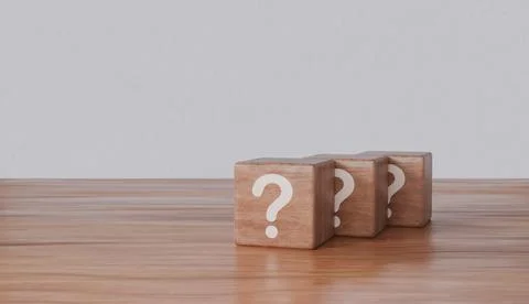 Wooden Cube Block Shape With Sign Question Mark Symbol On Wood Table Illustrazione stock