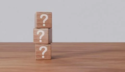 Wooden cube block shape with sign question mark symbol on wood table Stock Illustration