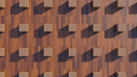 Wooden Cube Cascade: 3D Animation of Rolling Wooden Blocks on Parquet for Warm Stock Footage 289310248