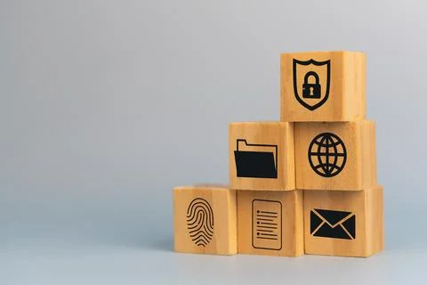 Wooden cube for document management digital file data online cybersecurity .. 写真素材