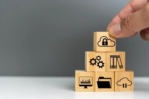 Wooden cube for document management digital file data online cybersecurity .. 写真素材