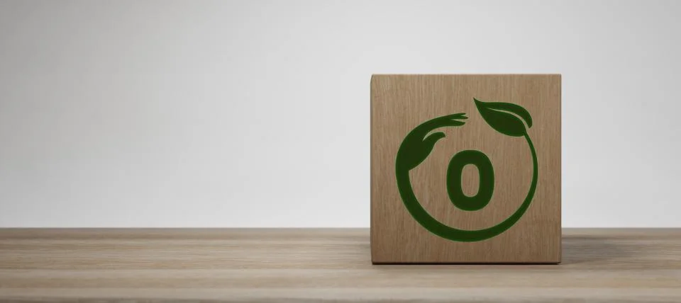 Wooden cube with net zero icon 3D Render Stock-Illustration