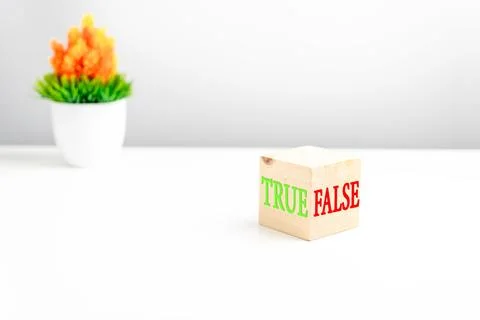 A wooden cube on a white table with text TRUE, FALSE. Concept of developmen.. 写真素材