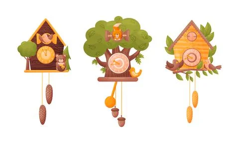Wooden Cuckoo Clock with Hanging Pendulum and Bird Vector Set イラスト素材