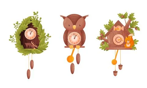 Wooden Cuckoo Clock with Hanging Pendulum and Bird Vector Set Stock Illustration