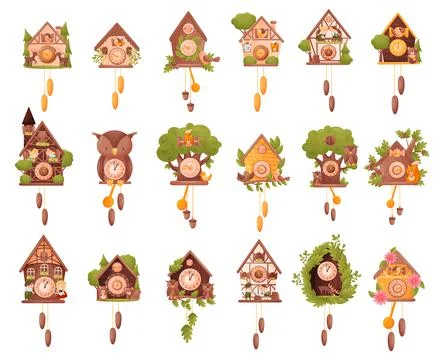 Wooden Cuckoo Clock with Pendulum Hanging on Wall Big Vector Set Stock Illustration