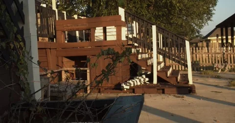 Wooden Deck Stairs and Multi Level Patio in Suburban Backyard Stock Footage 341078938