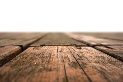 Wooden deck surface viewed from a low angle on a white background Stock Photos