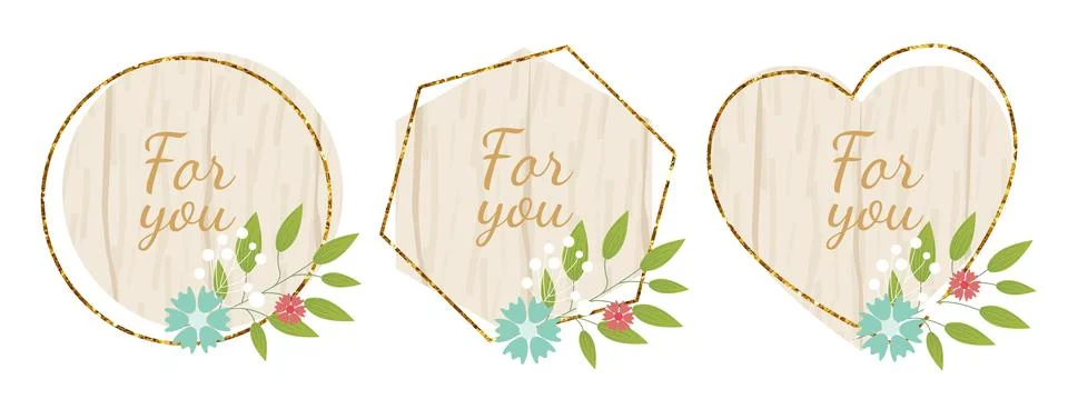 Wooden design elements set with flowers and text For You. Vector wood board.. Stock Illustration