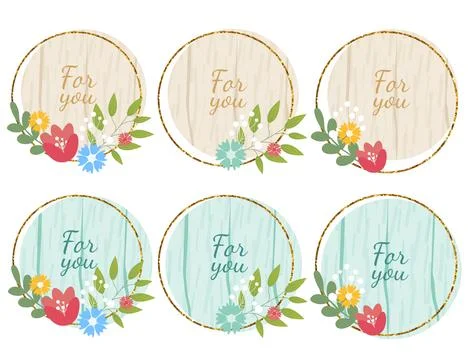 Wooden design elements set with flowers and text For You. Vector wood board,  Stock Illustration