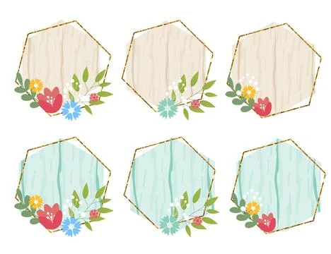 Wooden design elements set with flowers. Vector wood board, frame, badge, lab Stock Illustration