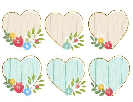 Wooden design elements set with flowers. Vector wood board, frame, badge, l.. Stock Illustration