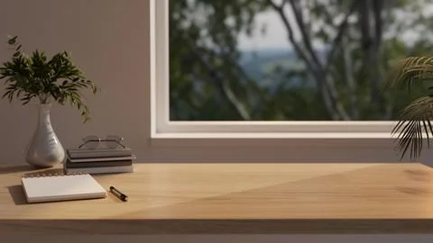 Wooden desk mockup with empty notebook pen plant vase and window view 3D re.. イラスト素材