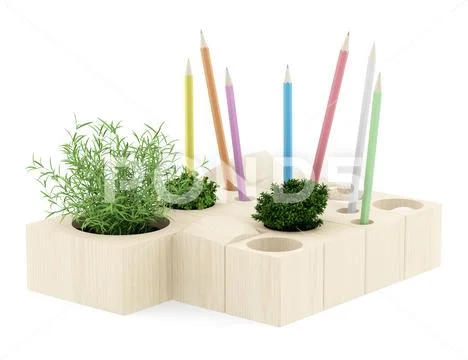 Wooden desk organizer with office supplies isolated on white background. 3d.. Stock Illustration