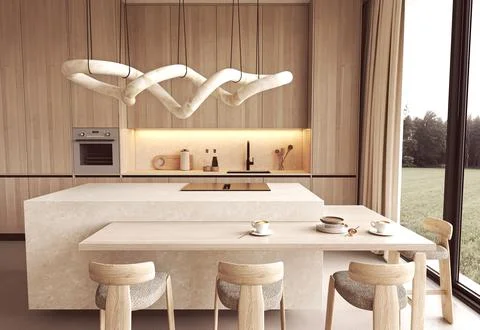 Wooden dining table attached to stone kitchen island in scandinavian minimalist Illustrazione stock