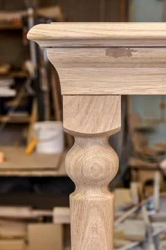 Wooden dining table of solid oak build process in workshop Stock Photos