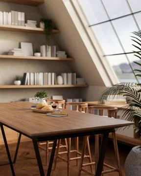 A wooden dining table with stools in a contemporary Scandinavian room. Stock Illustration