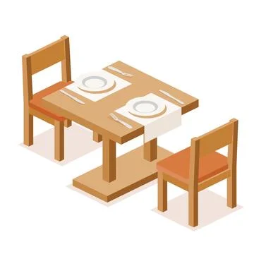 Wooden dining table with two chairs isolated on white. The setup with plate.. Stock Illustration