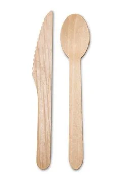 Wooden, disposable tableware Stock Photos