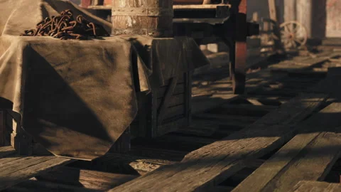 Wooden dock with crates and tools at a busy harbor area Vídeo Stock 343500890
