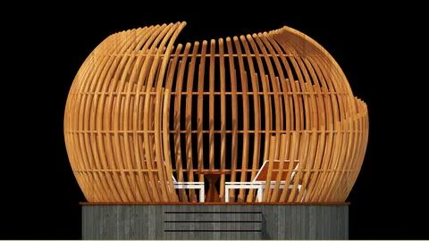 Wooden Dome Gazebo Front Elevation on Black Background with Loungers Stockillustratie