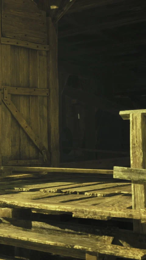 Wooden door and structure in dim light of an old barn on a quiet evening Stock Footage 332212879