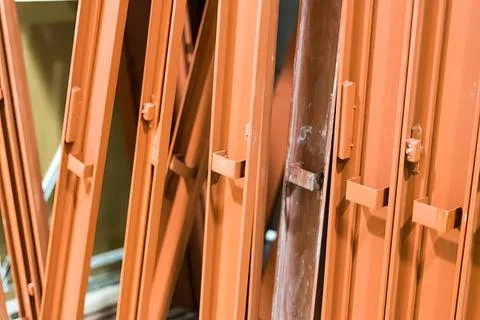Wooden door frames in a workshop or construction site 스톡 사진