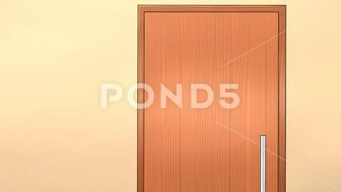 Wooden door with metallic handle on wall. anime style illustration PSD Template
