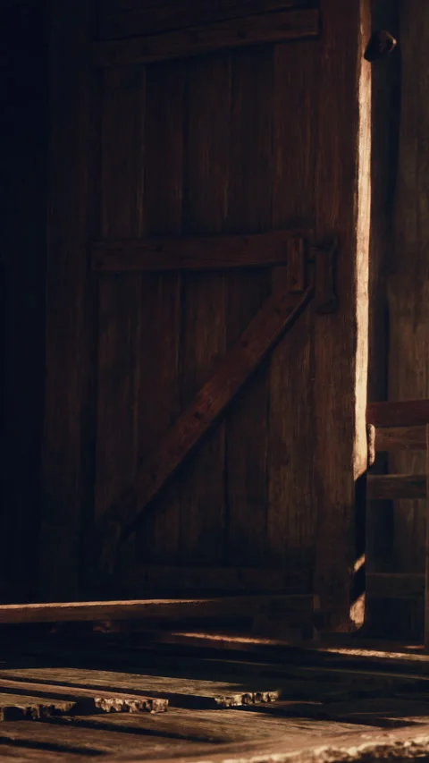 Wooden door stands open in a rustic setting with light shining through Stock Footage 337972167