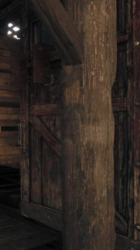 Wooden door with wooden beam in rustic interior of a building Stock Footage 337998317