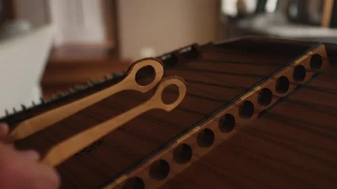 Wooden dulcimer string classic instrument close up, wooden sticks Video stock 202536614
