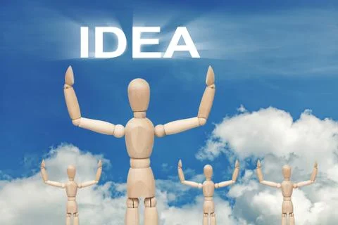 Wooden dummy puppet on sky background with word IDEA Stock Illustration