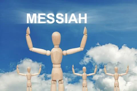Wooden dummy puppet on sky background with word MESSIAH Stock Illustration