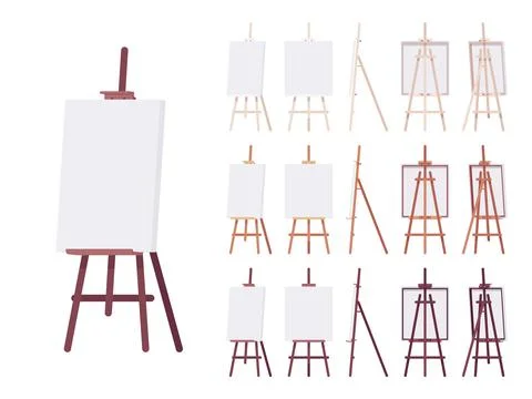 Wooden easel stand set with empty white canvas Illustrazione stock