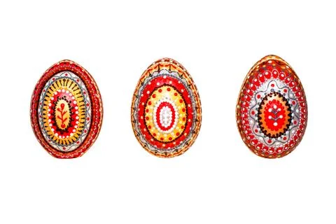 Wooden Easter eggs, painted in patterns by hand with acrylic paints, isolated 스톡 사진