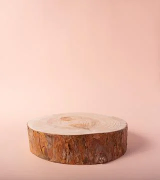 Wooden eco rustic pine tree wood circle disc platform podium on beige backgro Stock Photos
