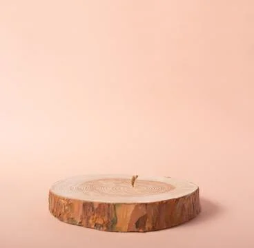 Wooden eco rustic pine tree wood circle disc platform podium on beige backgro Фото