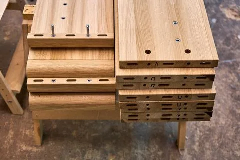 Wooden elements for double bed closeup. Furniture manufacture 스톡 사진