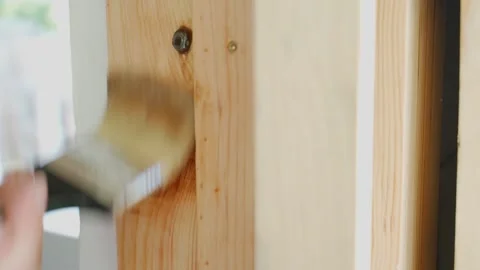 Wooden elements of the interior are varnished with a brush, close-up 스톡 동영상 249247041