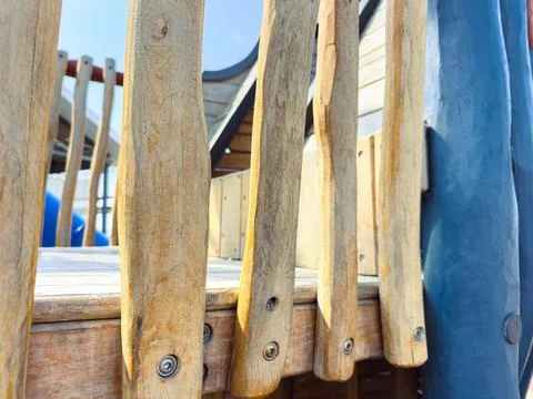 Wooden elements of a playground structure on a sunny day Stock Photos